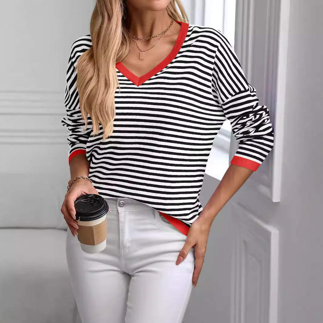 Women's casual sweater with a low V-neck and colorful striped pattern, size S