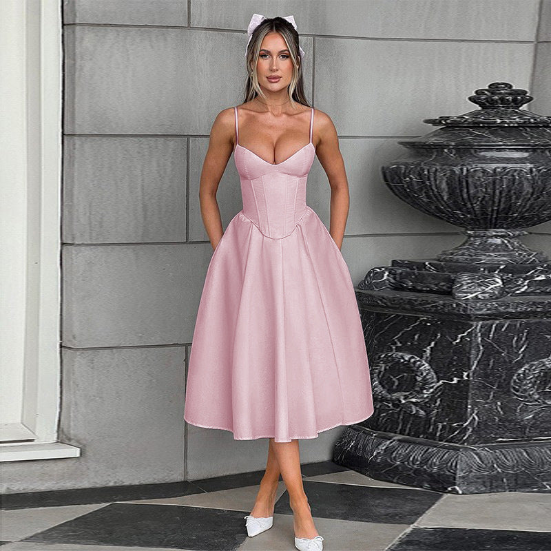Damen Midi Kleid mit figurbetonter Corsage und schwingendem Rock GR
