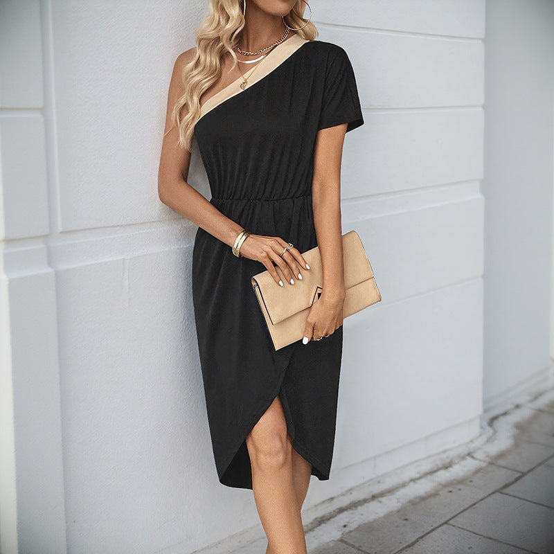 Women's asymmetrical midi dress with tie-waist belt and modern details, size