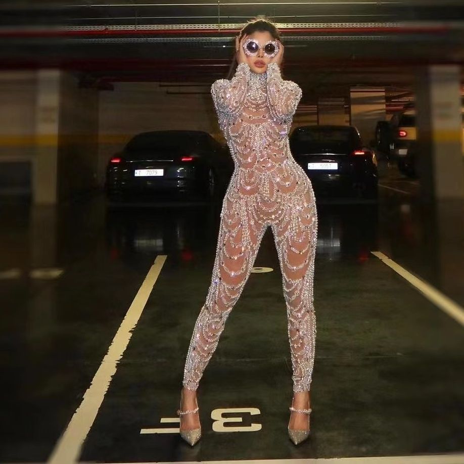 GR | Figure-hugging sheer sequined dress jumpsuit