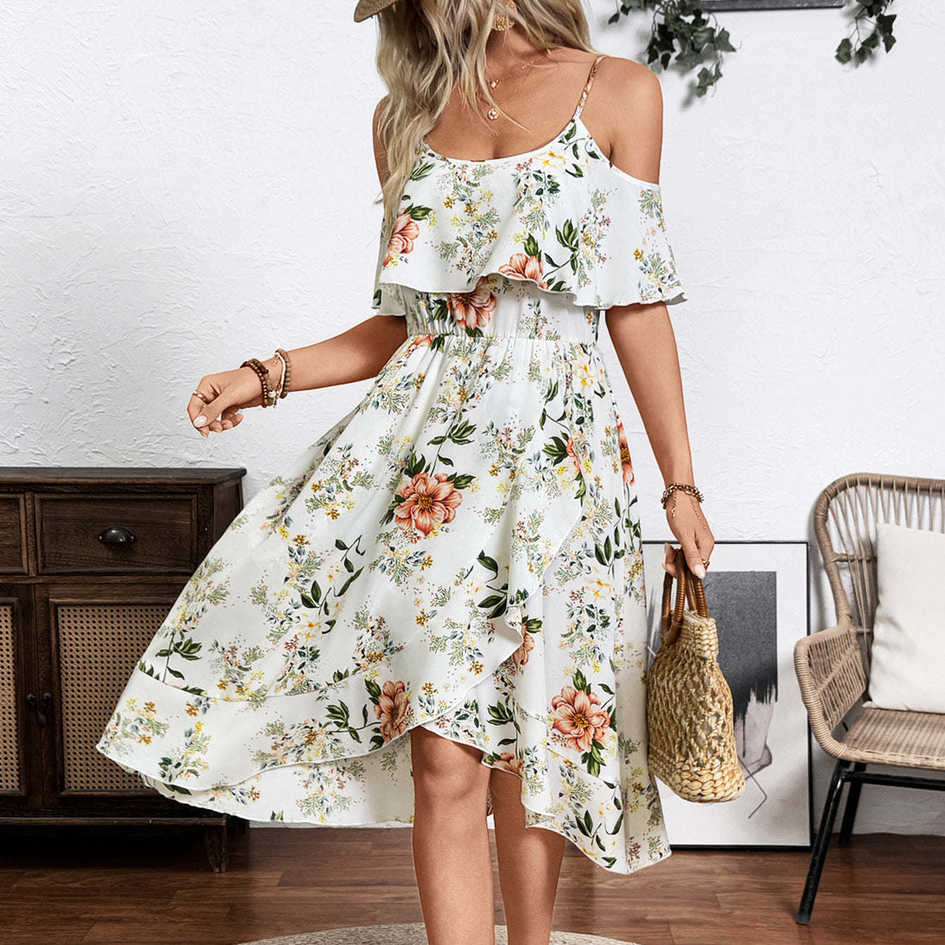 Damen Blume Dekolleté Kleid mit schwingendem Saum und lockerem Schnitt GR