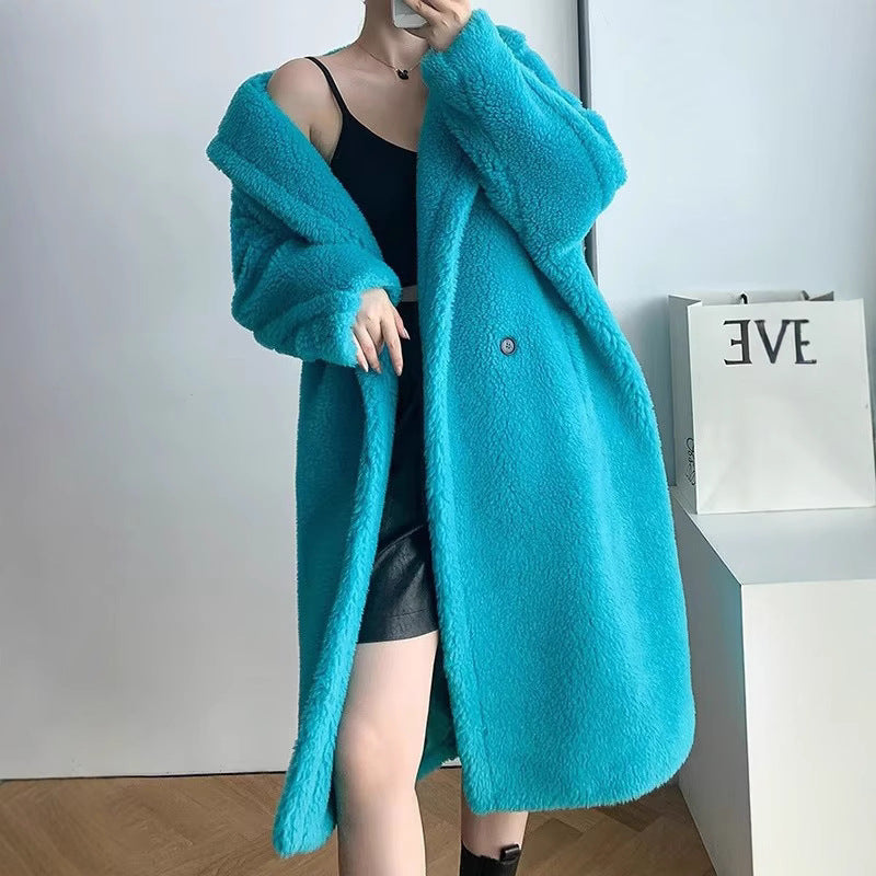 Women's fleece coat with double button placket and trendy cut, size S