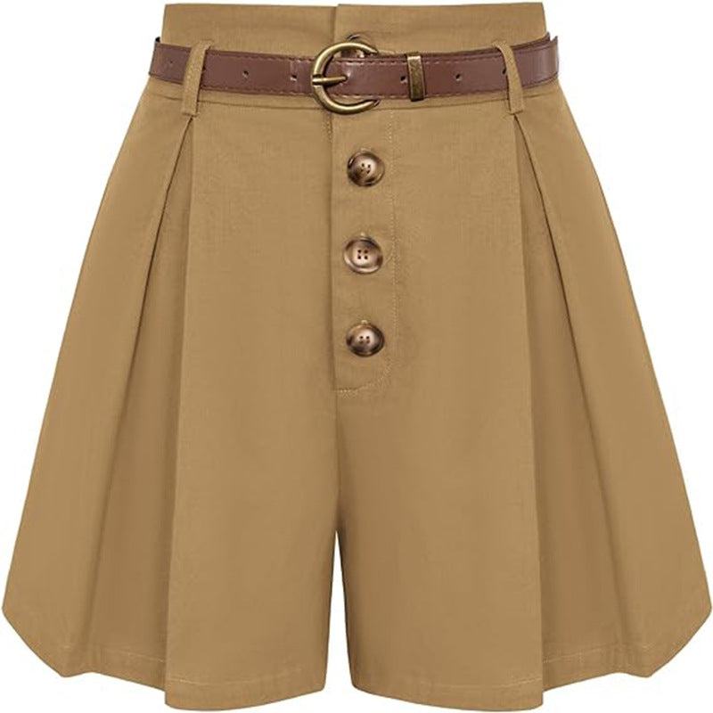 Women's pleated cargo shorts with high waist and decorative belt, size S