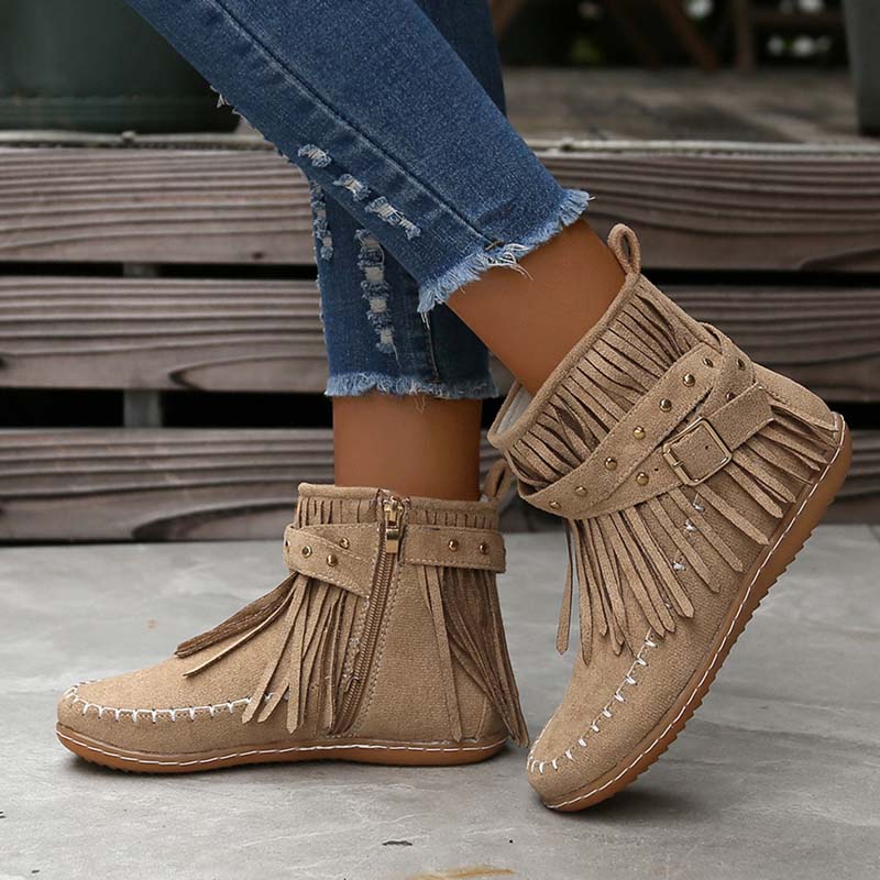 GR | Boho ankle boots with fringes and buckles for women