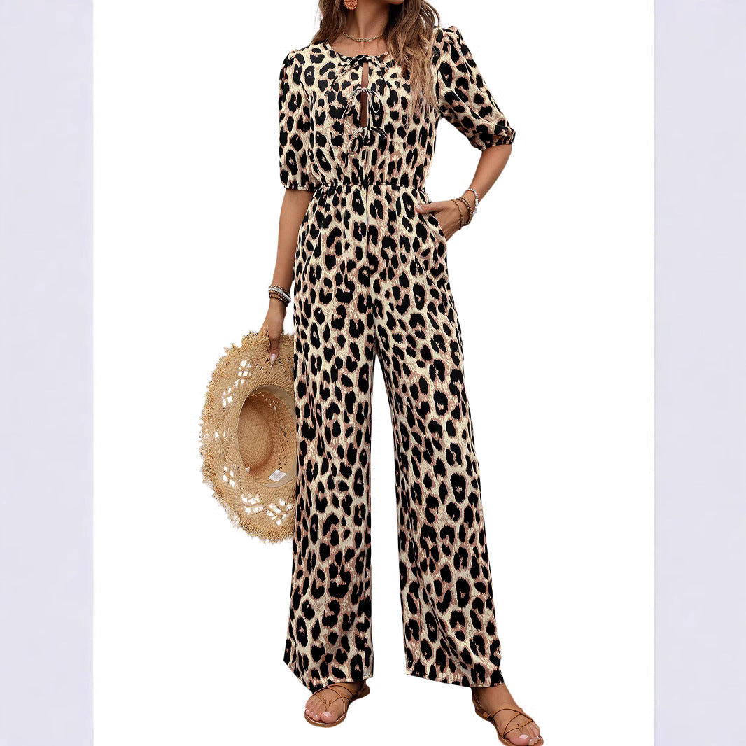 Women's jumpsuit with elegant wrap neckline and fashionable leopard print, size