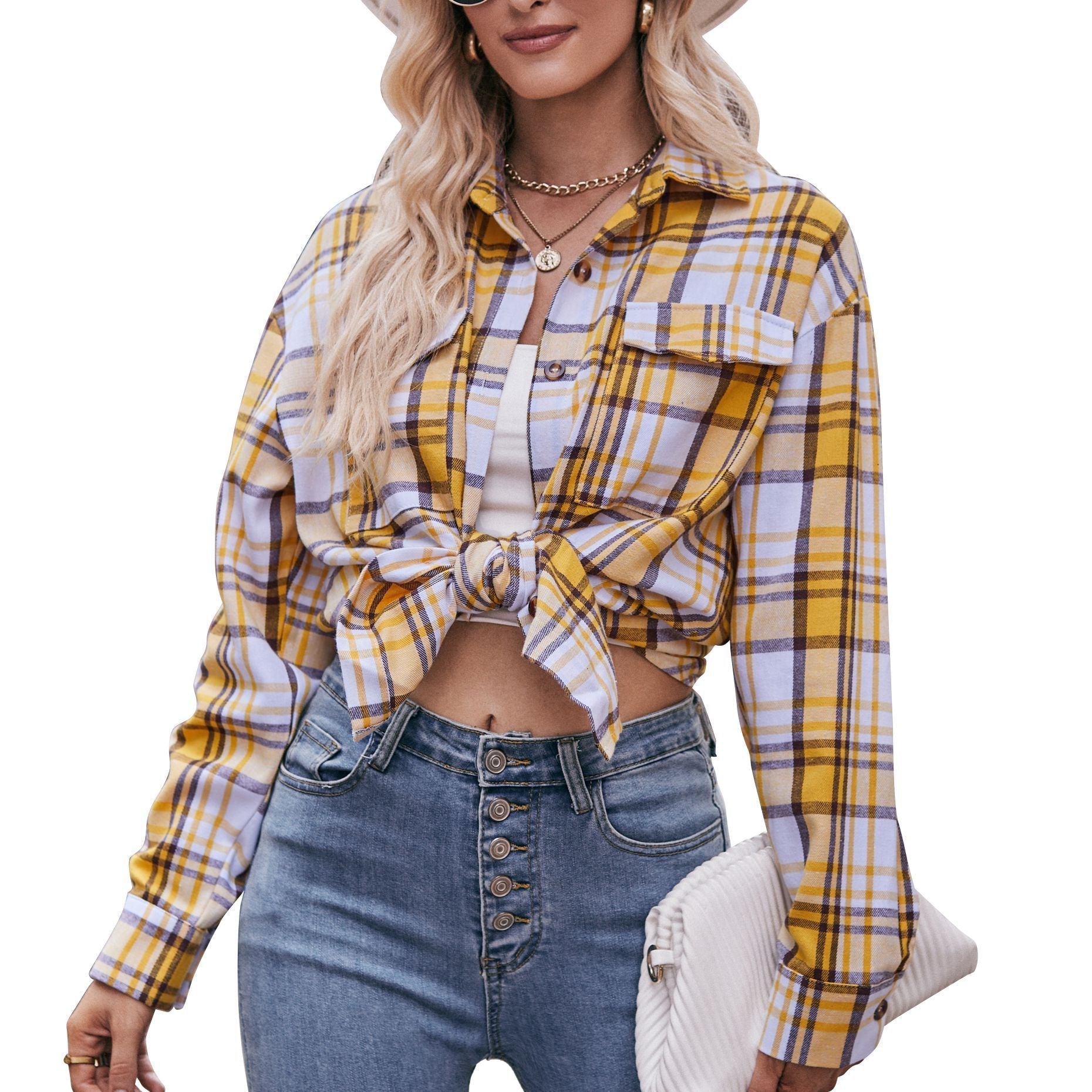 Women's checked shirt with button-up front design and casual knot detail, size GR