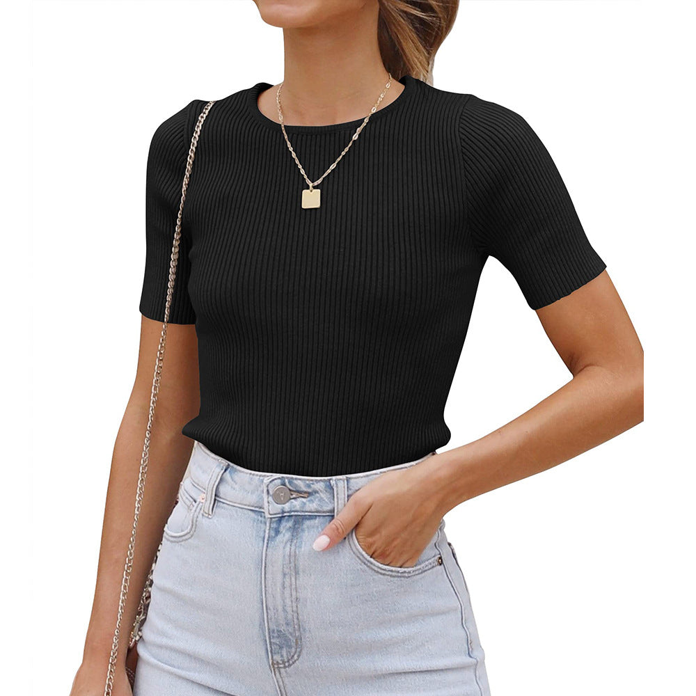 Damen figurbetontes T-Shirt mit feiner Rippstruktur und Rundhalsausschnitt GR