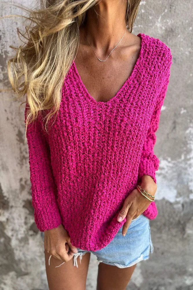 GR Chunky gestrickter V-Ausschnitt gemütlicher langärmeliger Pullover