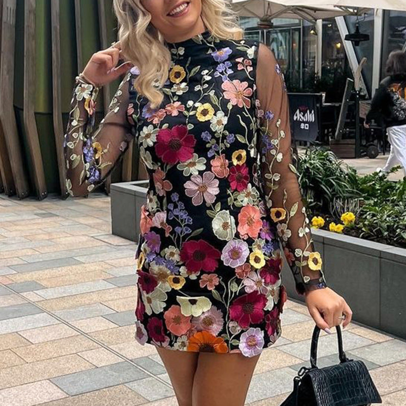 Women's floral embroidered mini dress with sheer sleeves, size