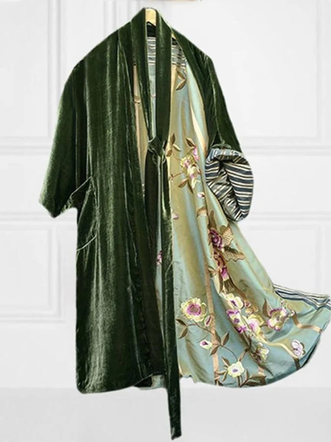 GR | Satin Digital Floral Taille Gürtel Cardigan Schlafanzug