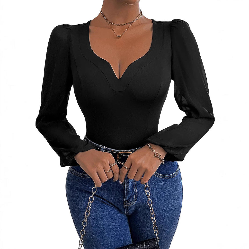 Women's bodysuit with deep V-neck and transparent puff sleeves, size