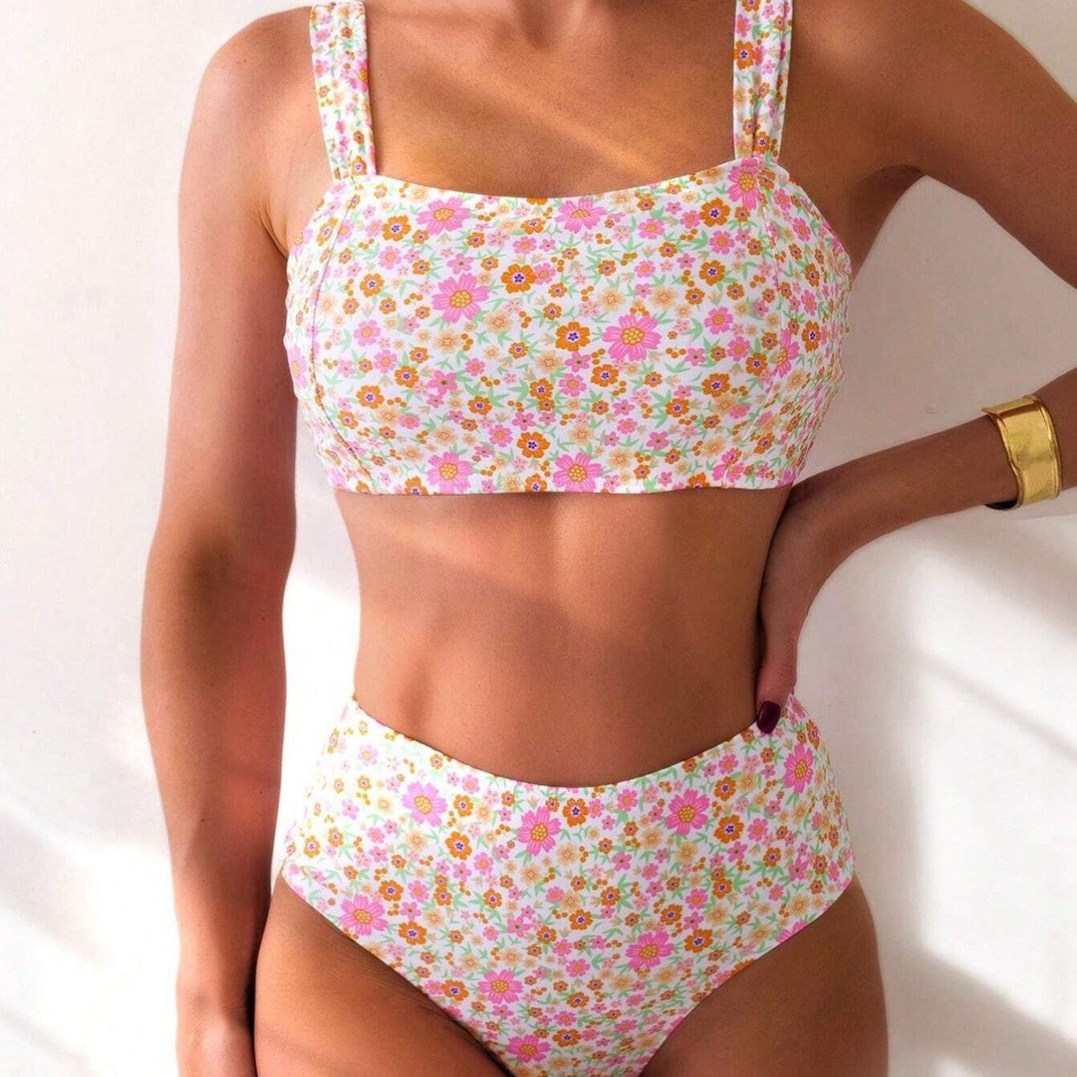 GR | Women's High-Waisted Bikini Set with Floral Patterns and Wide Straps