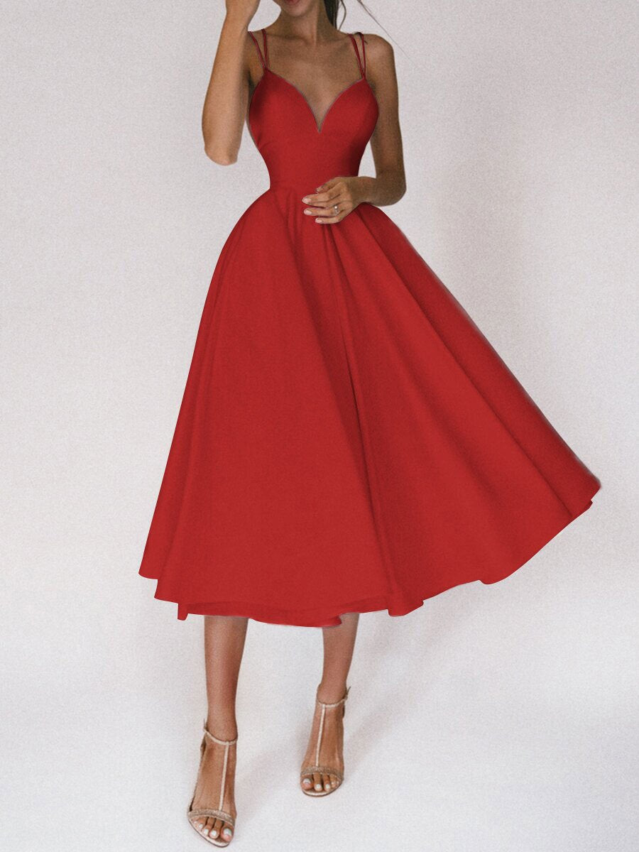 GR | Spaghettiträger Ärmellos V-Ausschnitt Einfarbig Flared Midi Kleid