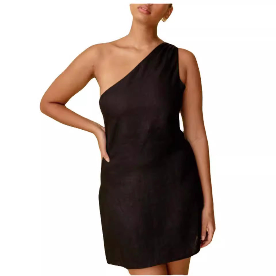 GR | Einfarbiges Slim Fit One-Shoulder Pendelkleid