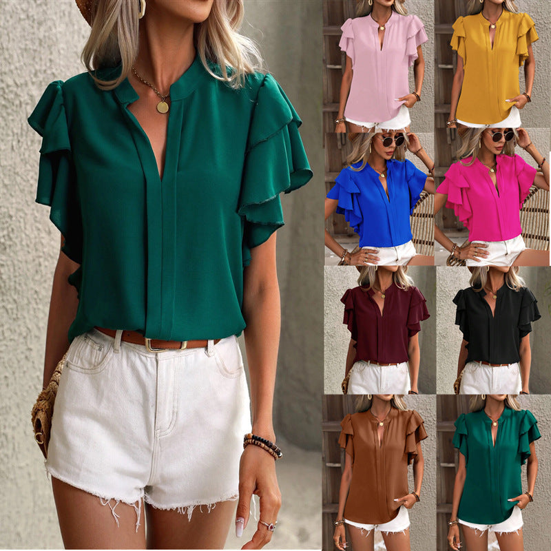 Women's blouse with decorative ruffle details and elegant V-neck, size [size missing]