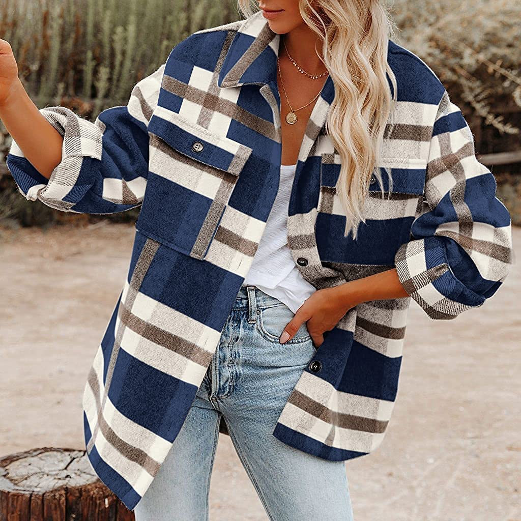 Women's checked flannel jacket with a relaxed fit and patch pockets, size S