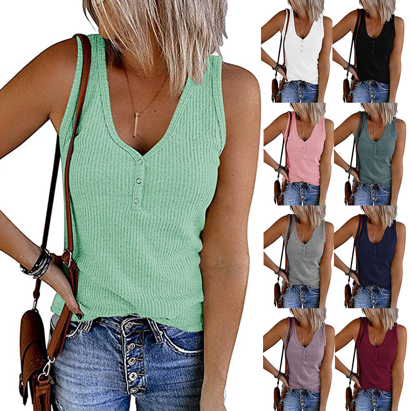 Women's sleeveless V-neck top with fine rib pattern, size