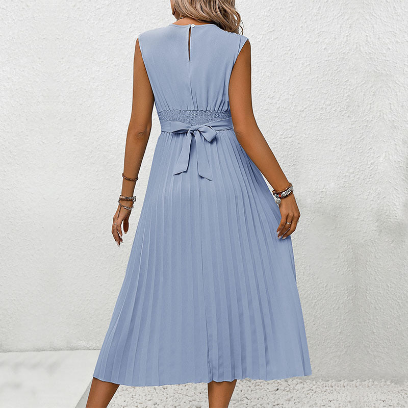 Women's midi dress with elegant wrap design and flowing pleats, size GR