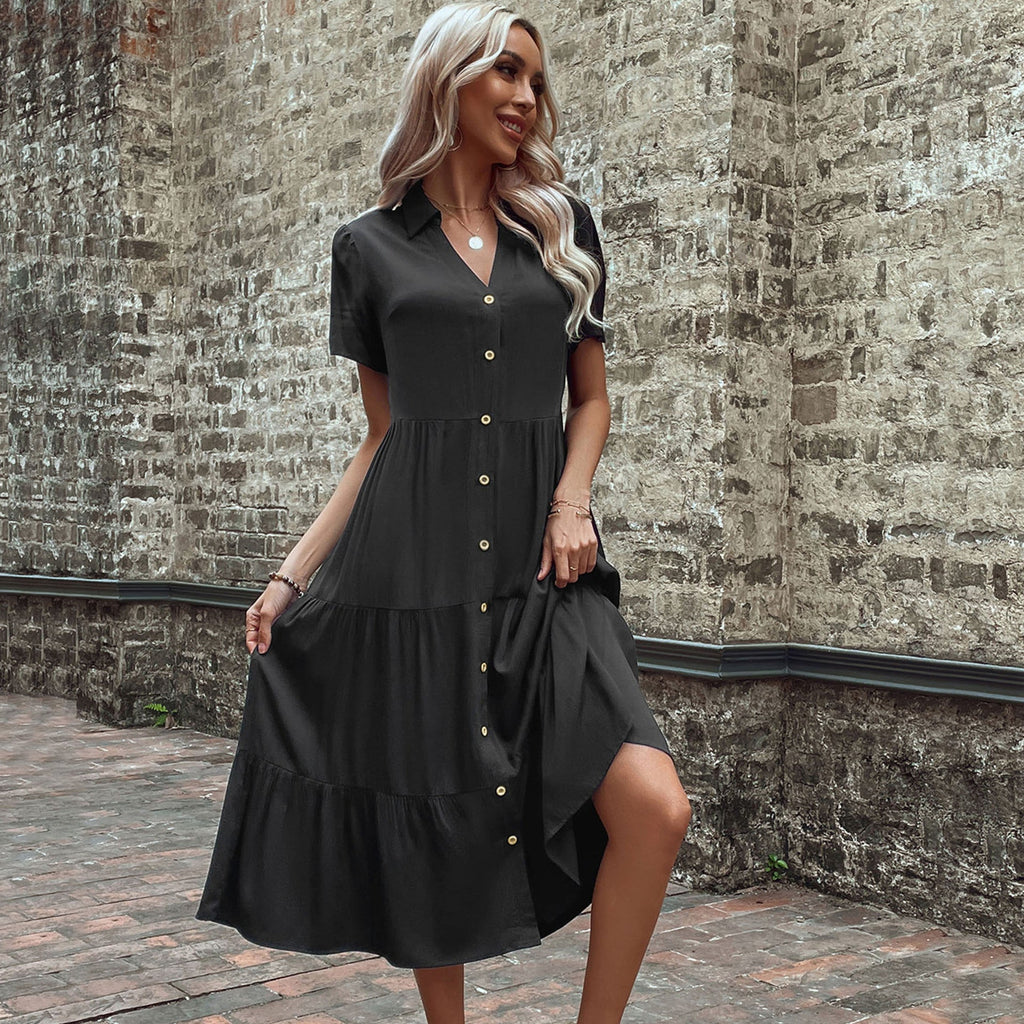 Damen Hemdblusenkleid mit eleganten Knopfdetails und voluminösem Rock GR