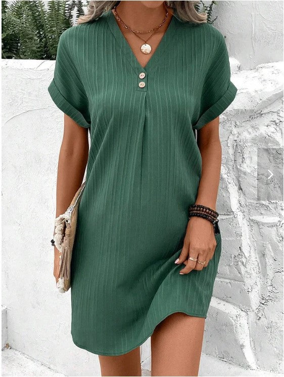 Damen Kurzarm Kleid mit Knopfleiste und feinem Längsstreifenmuster GR