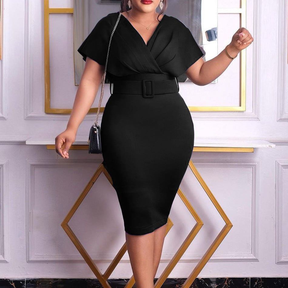 GR | Damen V-Ausschnitt Figurbetontes Midi Kleid mit Gürtel