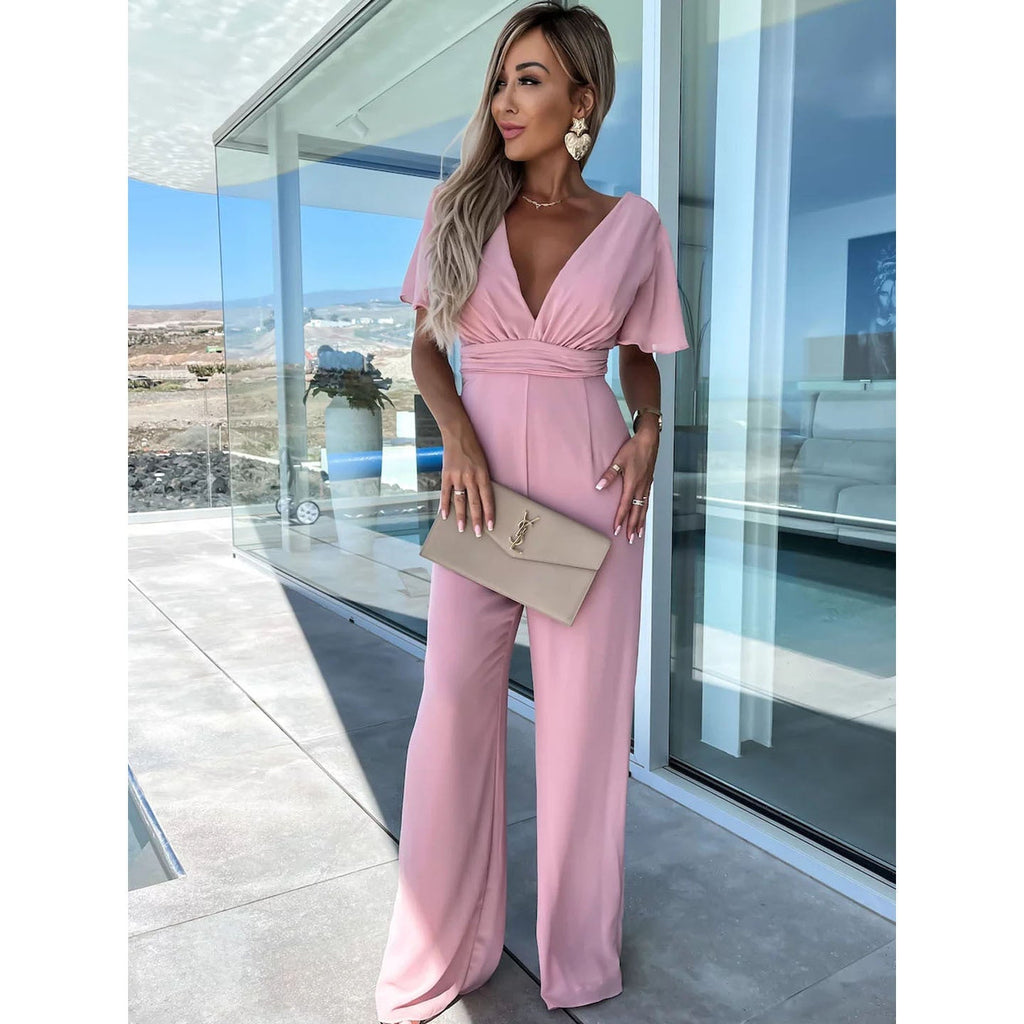 GR | Spring Summer V-Neck Casual Short Sleeve Dress Loose Holiday Wide Leg One-Piece Women's