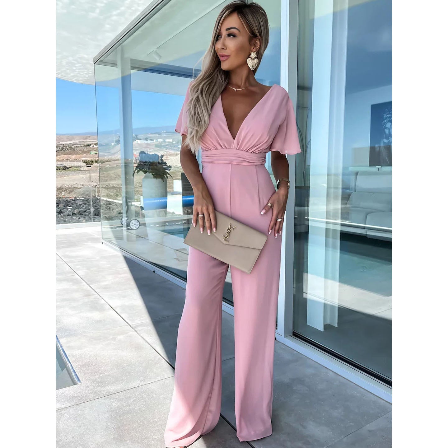 GR | Spring Summer V-Neck Casual Short Sleeve Dress Loose Holiday Wide Leg One-Piece Women's