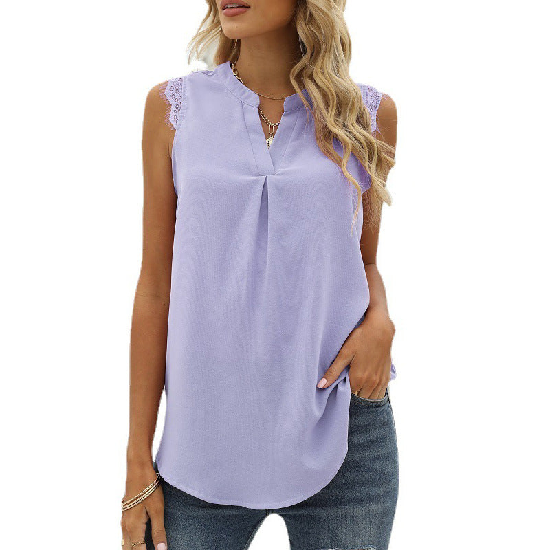 Women's sleeveless blouse with elegant lace insert and fashionable pleats, size