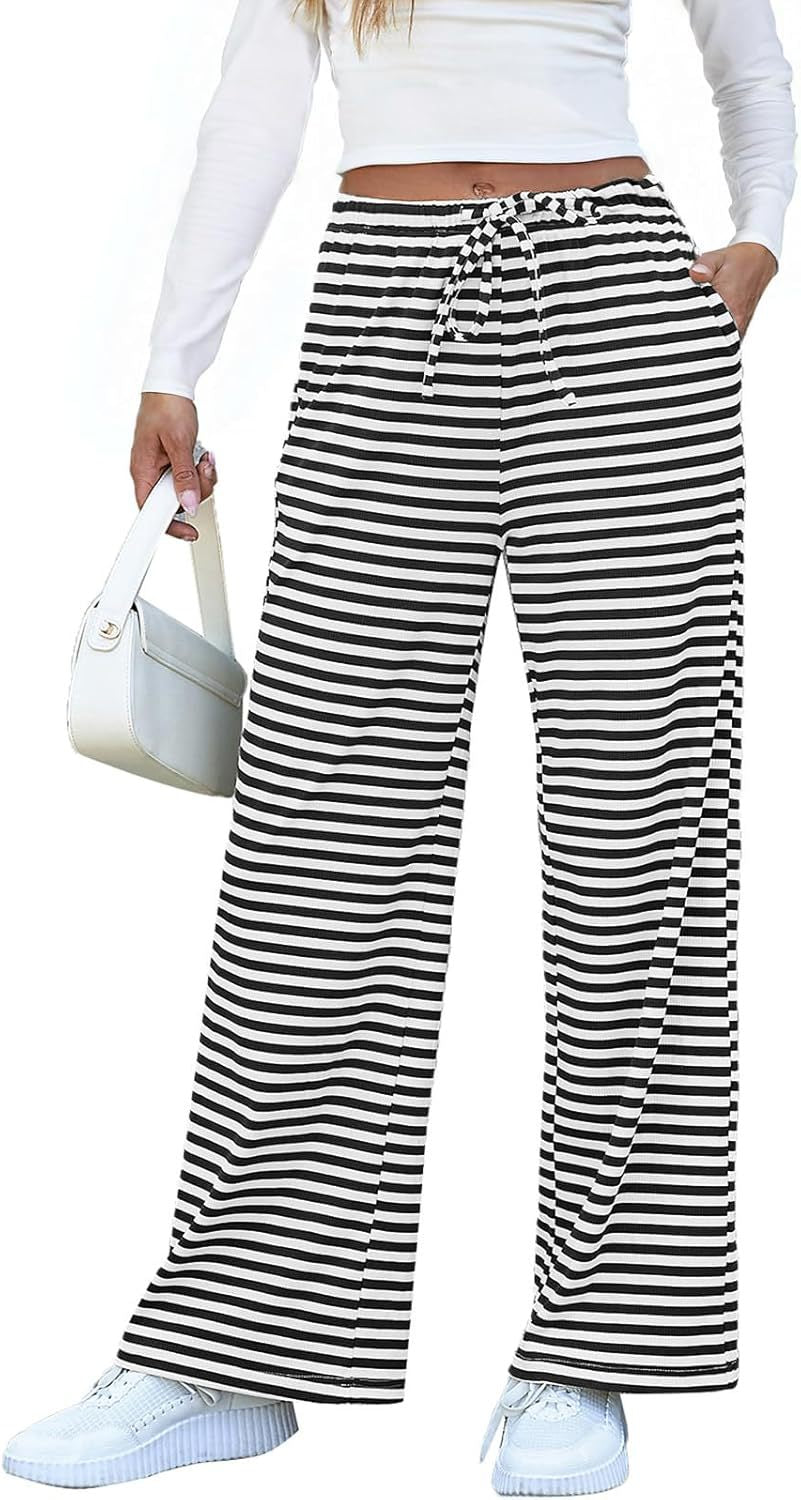 Damen weite Streifenhose mit elastischem Bund und Kordelzug GR