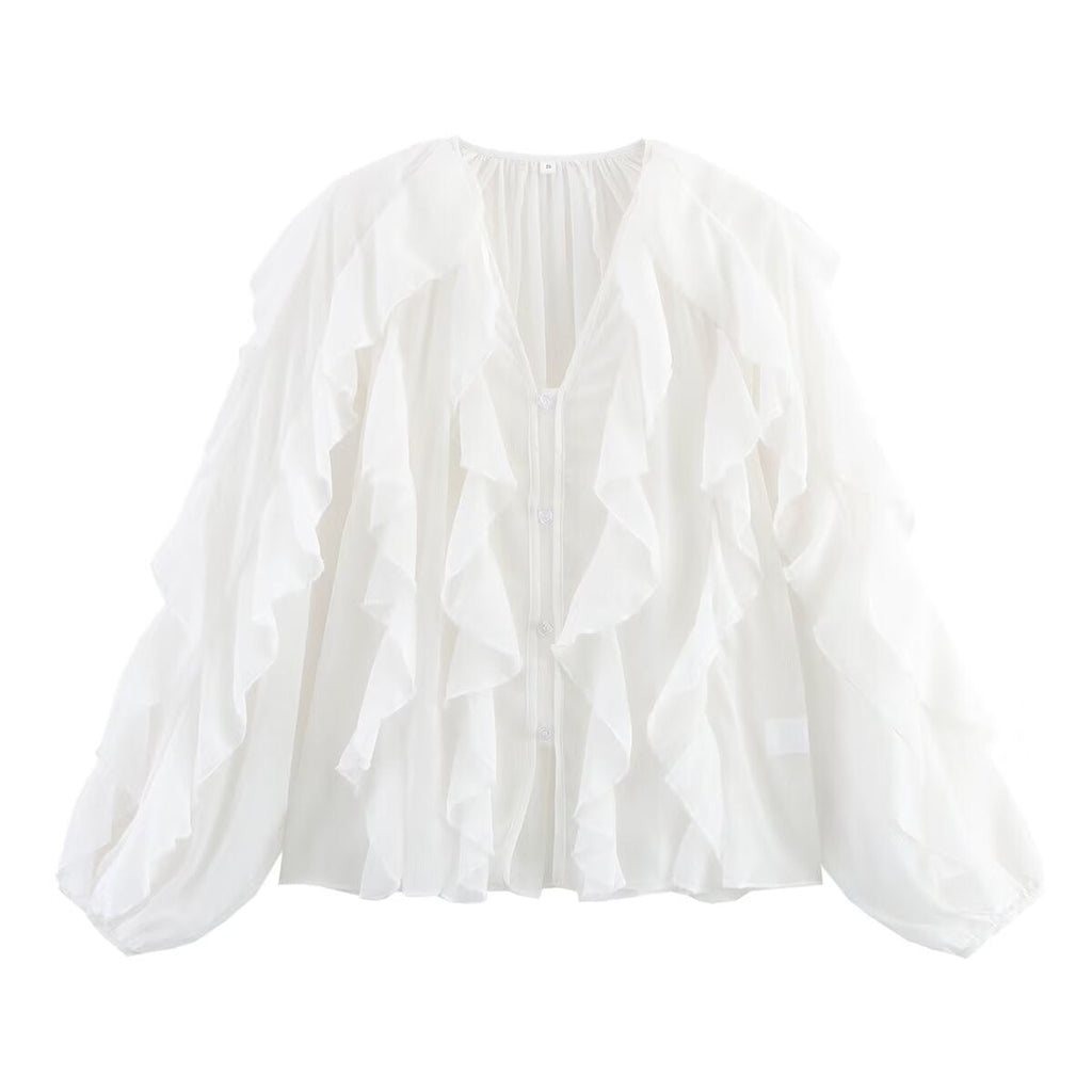 Women's blouse with voluminous ruffle details and elegant cut, size S