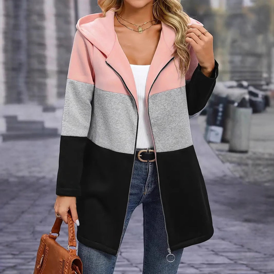 Women's hooded jacket in a modern color block design, size