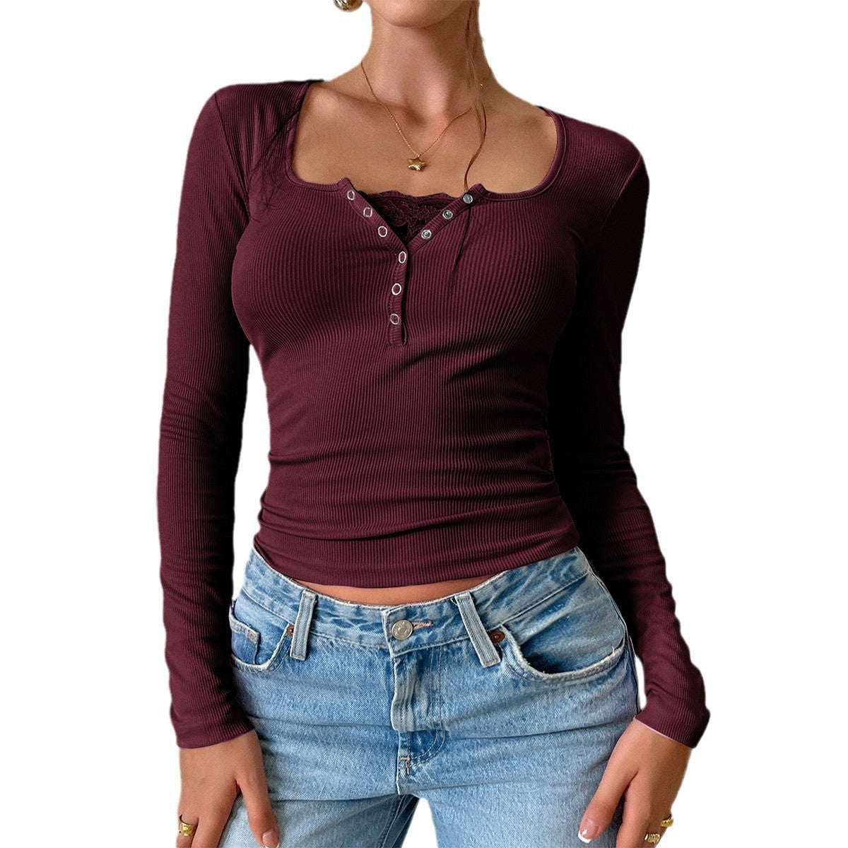 Women's long-sleeved shirt with button placket and ribbed texture, size