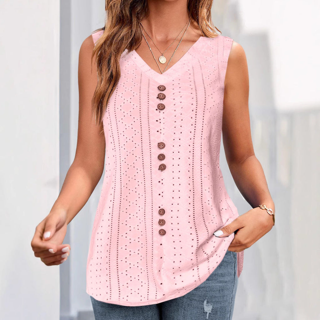Women's sleeveless blouse with delicate openwork pattern and button placket, size [size missing]