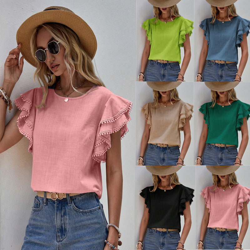 Women's lightweight top with playful ruffles and decorative hem, size [size]