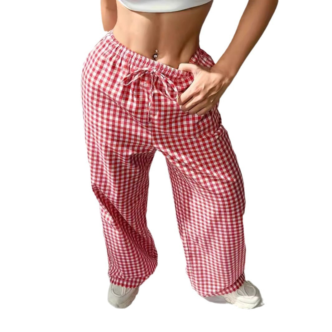 Women's wide-leg checked trousers with elasticated waistband and chic cut, size [size]