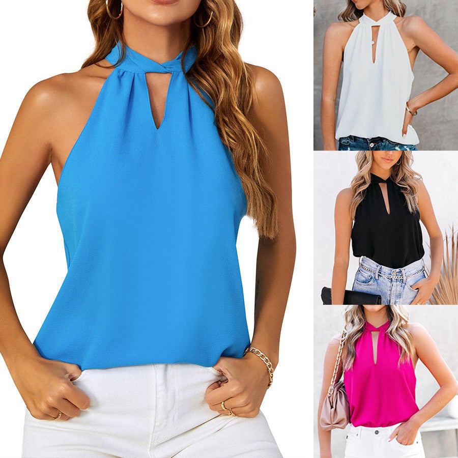 Women's sleeveless top with a chic slit neckline and fine texture, size GR