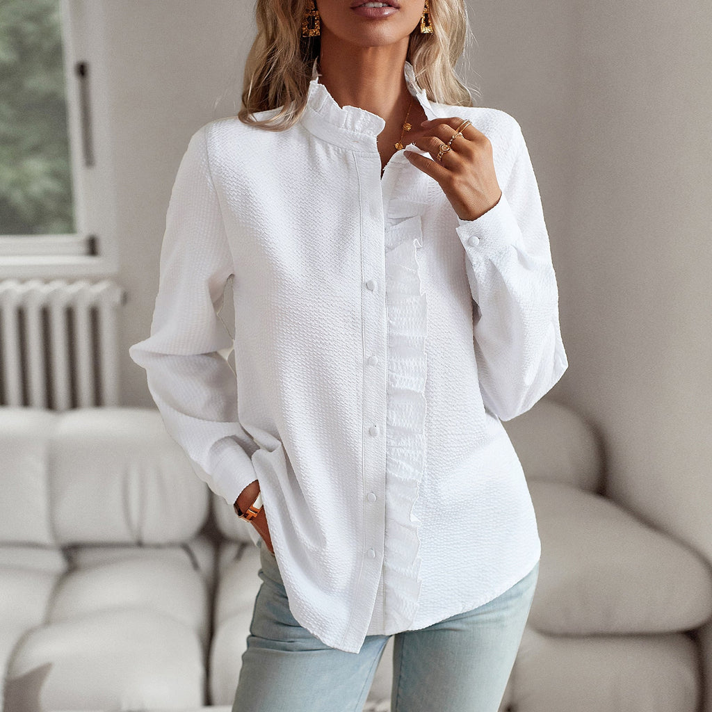 Damen Bluse mit Rüschendetails und Stehkragen GR