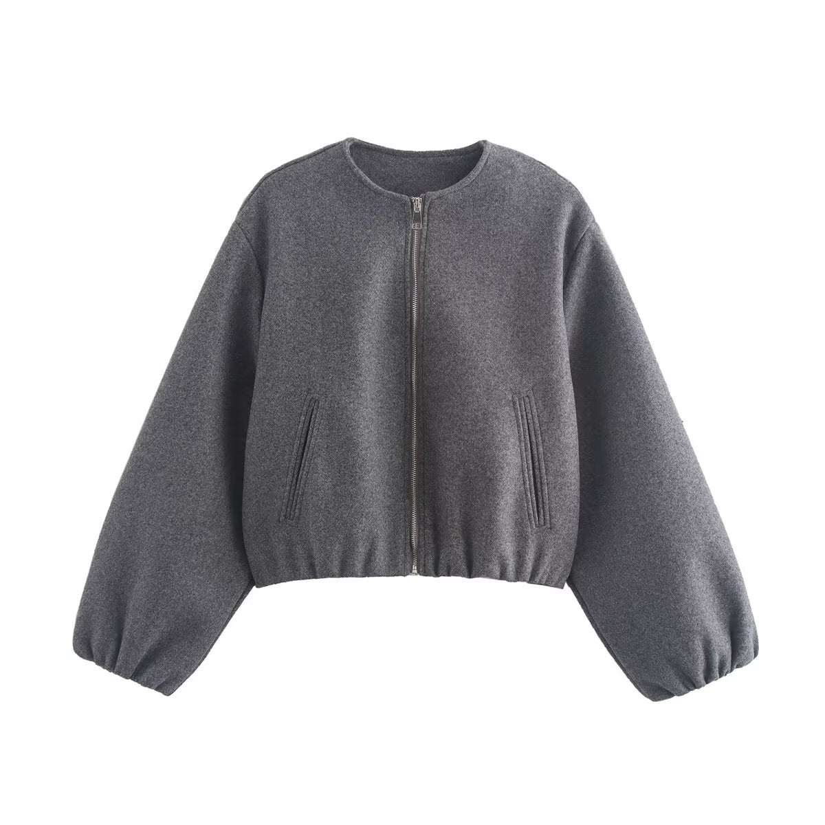 Women's casual short jacket with voluminous sleeves and metallic zipper, size S