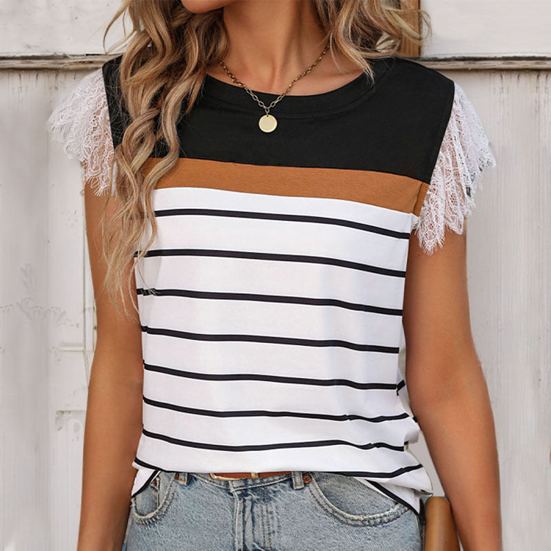 Women's T-shirt with elegant lace trim and striped design, size S