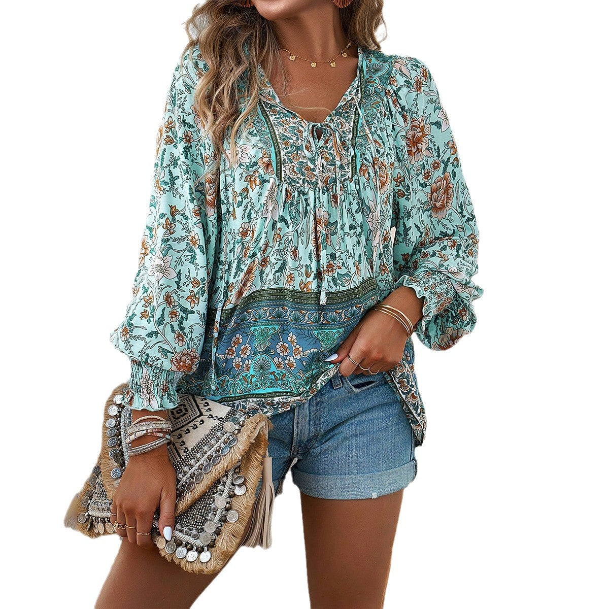 GR | Cotton-printed lace-up top with long sleeves