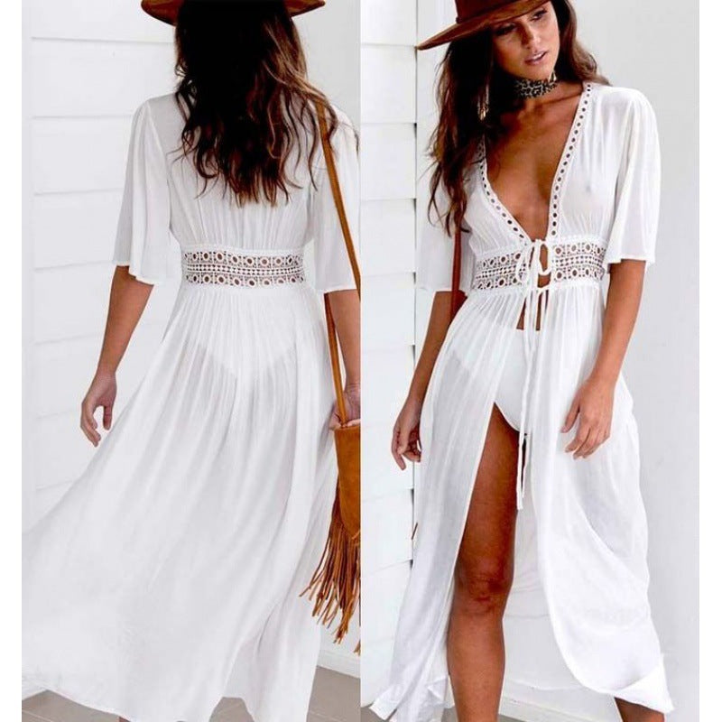 Women's beach wrap with deep V-neck and exquisite neckline details, size GR