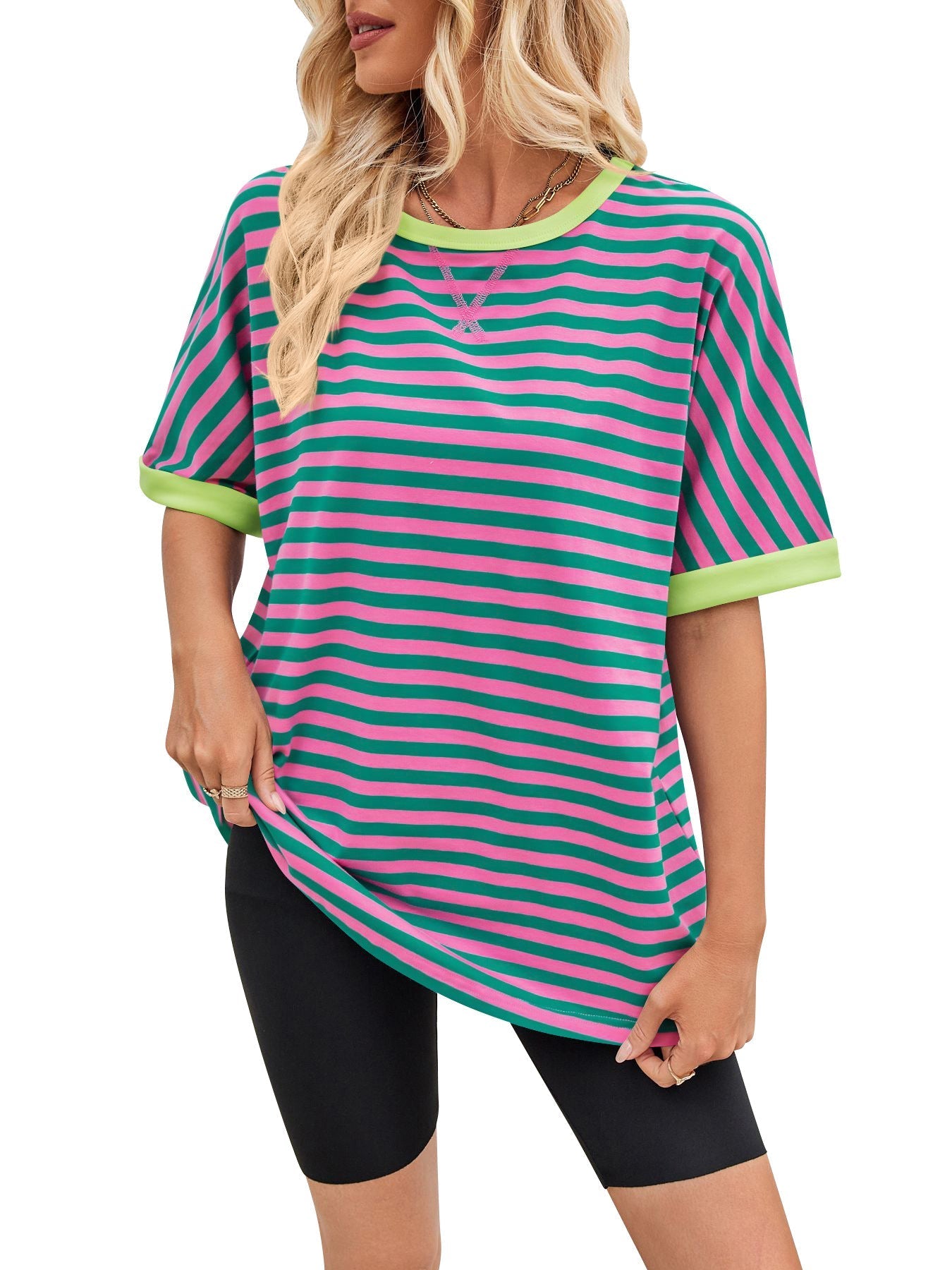 Women's casual striped top with a relaxed fit and contrasting neckband, size [size]