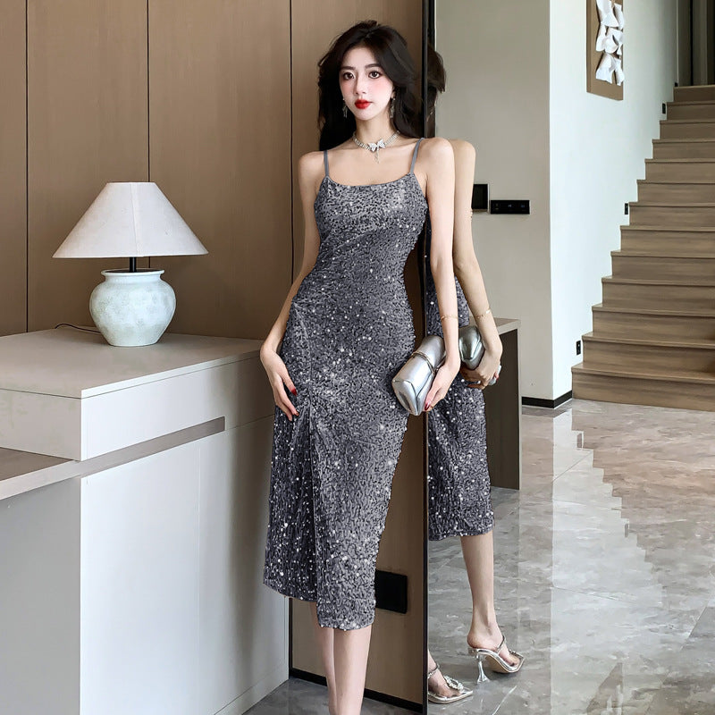 GR | Spaghetti-Träger Heller Glänzender Leichter Luxus Abendkleid