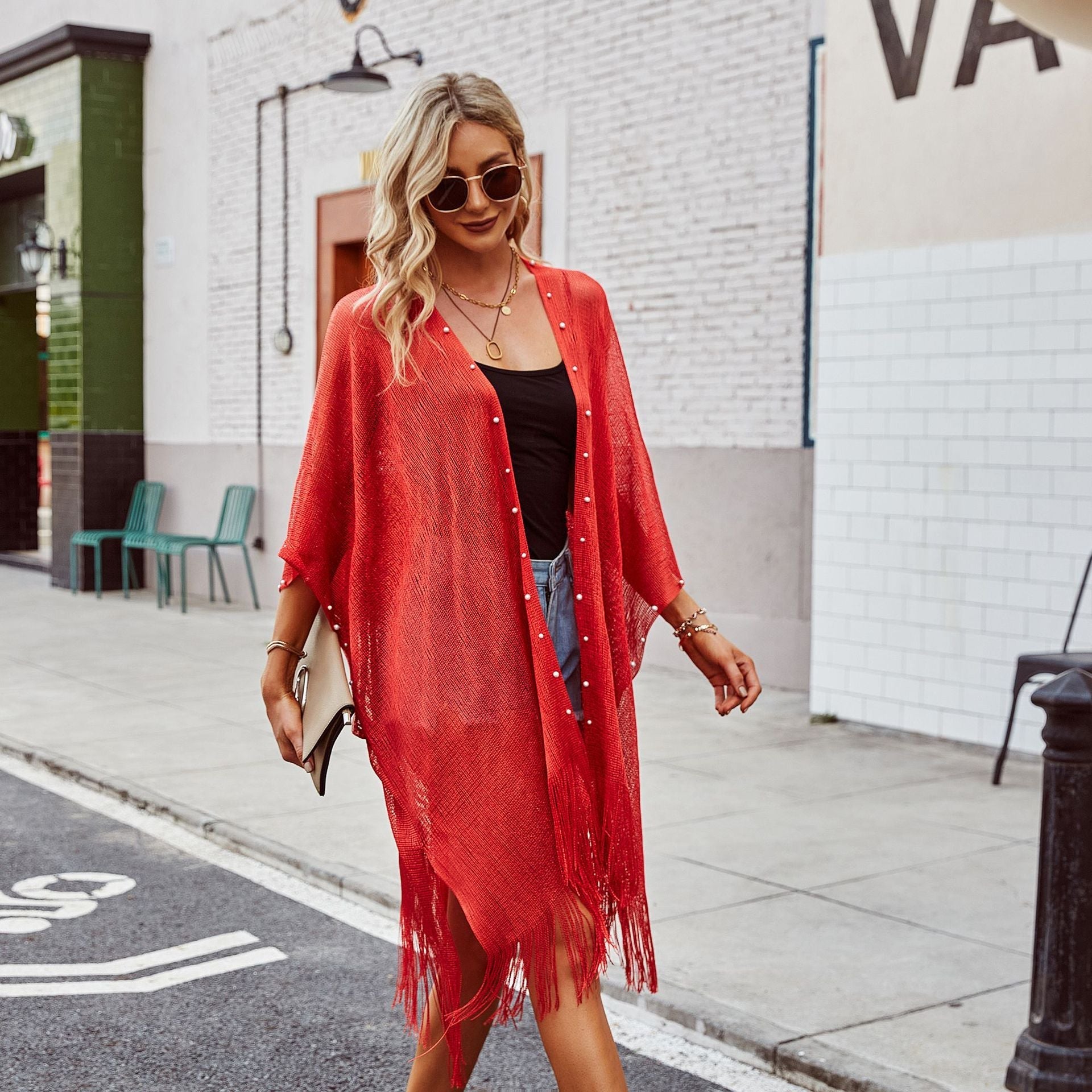 Women's transparent kaftan with fringed edges and elegant design, size GR