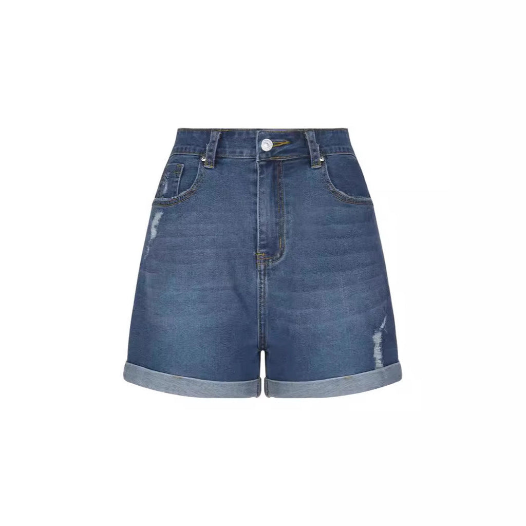 Damen Destroyed Denim-Shorts mit hohem Bund und ausgefranstem Saum GR