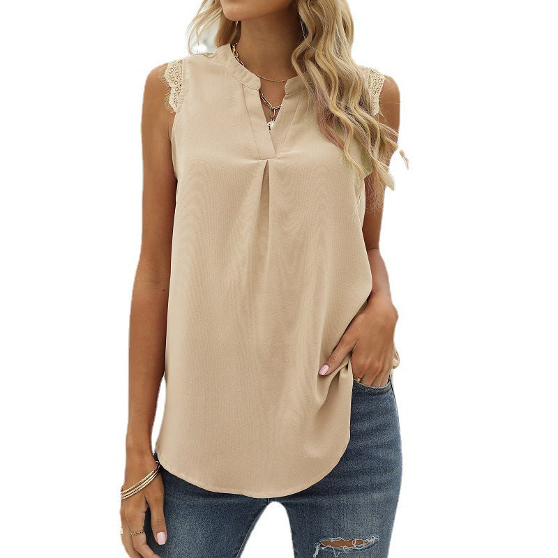 Women's sleeveless blouse with elegant lace insert and fashionable pleats, size