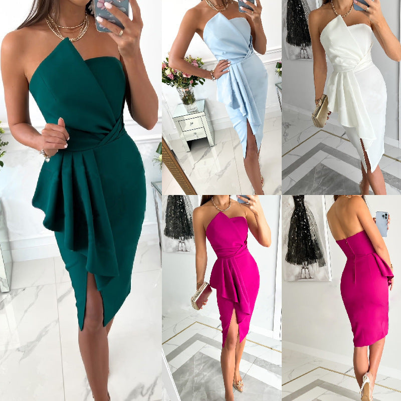 Women's fitted evening dress with ruffles and slit, size
