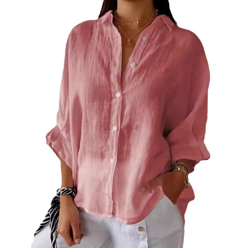 Women's casual linen blouse with button placket and side pockets, size