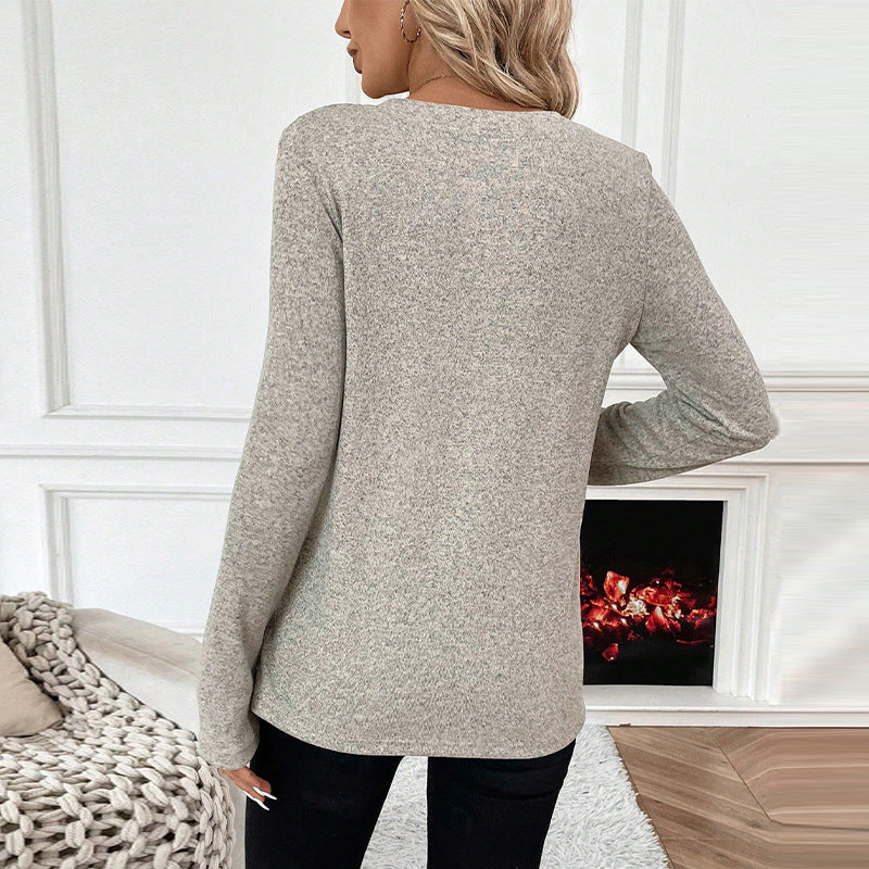 GR | Knitted elastic solid color long-sleeved T-shirt