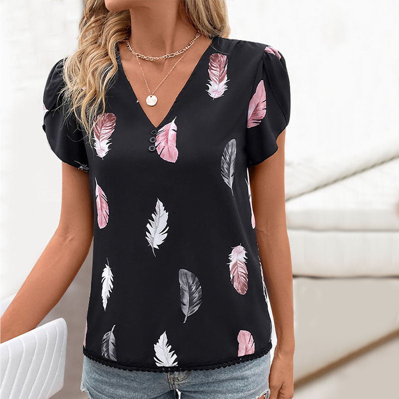 Damen Bluse mit romantischen Federmuster und Puffärmeln GR